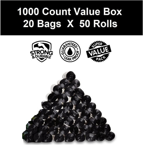 1000 9"x12", EZ Pet Dog Waste Poop Bags, Black, Dog Pickup Waste Disposal Bags