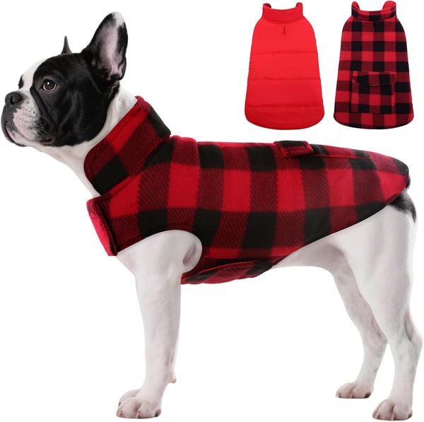 ASENKU Dog Winter Coat - Fleece Doggie Jacket Plaid Reversible Vest, Waterproof Windproof Cold Weather Clothes for