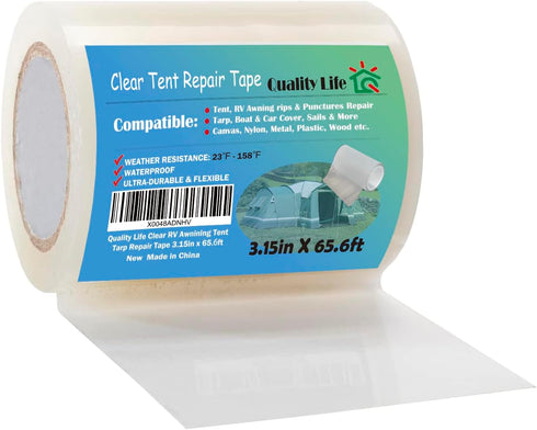 RV Awning Repair Tape, Clear Waterproof Tent Repair Tape for Tarp, Canvas, Boat Covers, Heavy Duty Adhesive - 3.15in