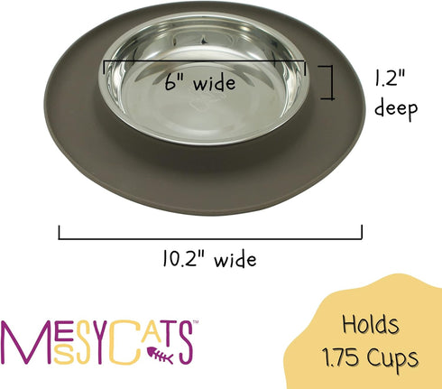 Messy Cats Single Silicone Feeder with Stainless Saucer Shaped Bowl, Anti-Slip Non-Skid Cat Food Bowl (1.75 Cups, Grey)