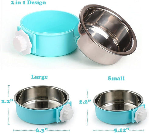 Love Dream Crate Dog Cat Bowls, Removable Stainless Steel Hanging Pet Cage Bowls for Cats, Dogs, Rabbits (Large, Blue)