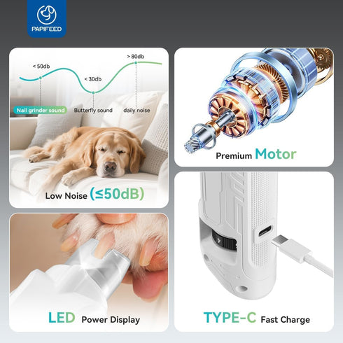 6-Speed Trimmer PAPIFEED Dog & Cat Nail Grinder, High Torque Electric Pet Nail Kit with LED Light, Dust Collection