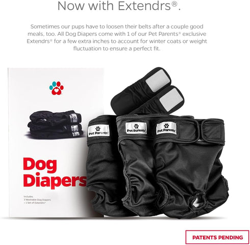 (3pack) Pet Parents Washable Dog Diapers + Extendrs of Durable Doggie Diapers, Premium Dog Diapers Female & Male