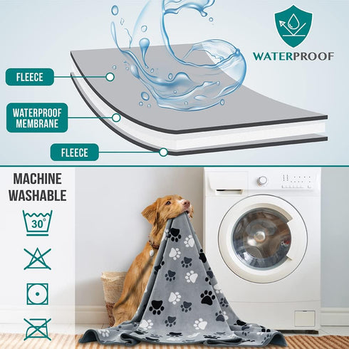 PetAmi Waterproof Dog Blanket - Medium Large Dog Couch Cover, Fleece Washable Throw, 40x60 Paw Print Gray