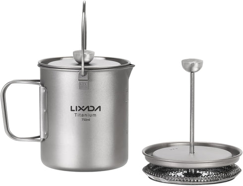 Lixada Titanium Pot 750ml Camping Coffee Cup Mug, French Press Pot with Folding Titanium Spoon