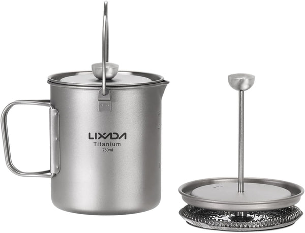 Lixada Titanium Pot 750ml Camping Coffee Cup Mug, French Press Pot with Folding Titanium Spoon