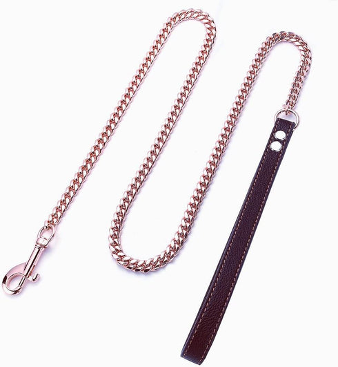 Rose Gold Dog Chain Leash, 10MM/14MM Curb Cuban Link, Strong Chew Proof Stainless Steel, 3FT/4FT/5FT (10mm, 5ft)