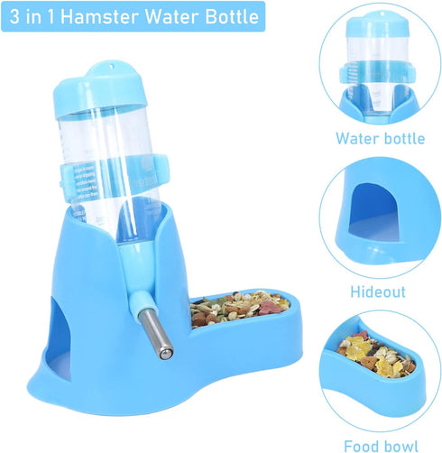 3 in 1 Hamster Hanging Water Bottle, Auto Dispenser with Base for Dwarf Hamster, Mouse, Rat, Hedgehog (80ML, Blue)