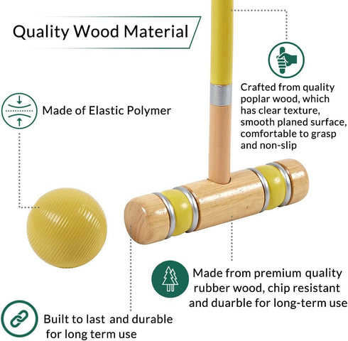 Set 28In,Colored Set ApudArmis Six Player Croquet with Premiun Rubber Wooden Mallets Ball,Wickets,Stakes - Lawn