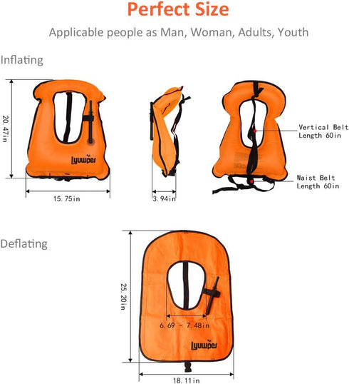 Inflatable Snorkel Vest, Adult Snorkeling Jackets for Free Diving, Swimming Safety Load Up to 220 Ibs