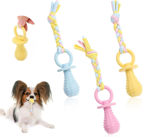 CIATBYYJ 3Pcs 3 Dog & Cat Pacifier with Rope, Small Pet Molar Clean Teeth Rubber Toy, Rubber Puppy Pacifier Chewing