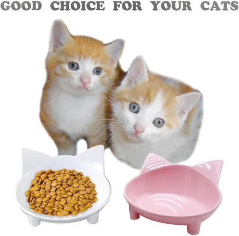 Cat Bowls Set of 2, BPA Free Melamine, Double Wide Dish, Non-Slip, Dishwasher Safe, White/Pink