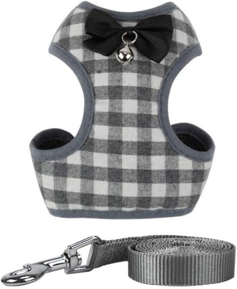 Dog Harness and Leash Set: Soft Mesh No Pull Vest with Bowtie for Small Dogs & Cats (Large, Grey Plaid)