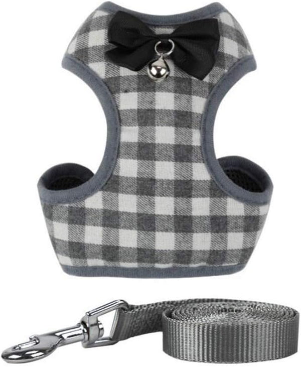 Dog Harness and Leash Set: Soft Mesh No Pull Vest with Bowtie for Small Dogs & Cats (Large, Grey Plaid)