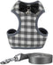 Dog Harness and Leash Set: Soft Mesh No Pull Vest with Bowtie for Small Dogs & Cats (Large, Grey Plaid)