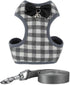 Dog Harness and Leash Set: Soft Mesh No Pull Vest with Bowtie for Small Dogs & Cats (Large, Grey Plaid)
