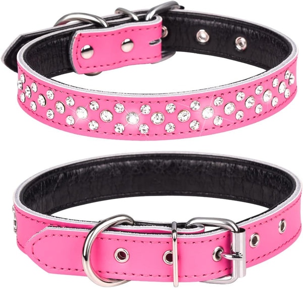 Rhinestone Dog Collar, Adjustable Cute Dazzling Soft Leather Collar for Pet Dogs (L, Hot Pink)