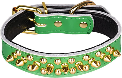 Spiked Studded Dog Collar, Soft Genuine Leather, Adjustable for Small Medium Large Dogs (L fit Neck 14.5-18.5", Green)