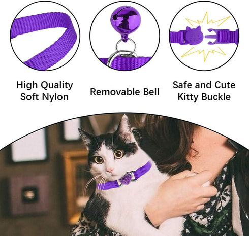 2 Pcs Adjustable Cat Collars with Heart Bling Breakaway and Bell (Pink+Purple) for Kitty