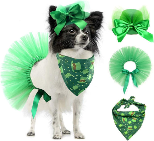 Vehomy Pet Dog Saint Patrick's Day Costume, Green Dog Top Hat, Shamrock Bandana, and Tutu Skirt for Girls