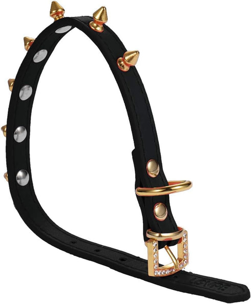LOVPE One Row Golden Spiked Studded Leather Dog Collar with Rhinestone Buckle for Small Dog/Cat Puppy Kitty (Black, S)