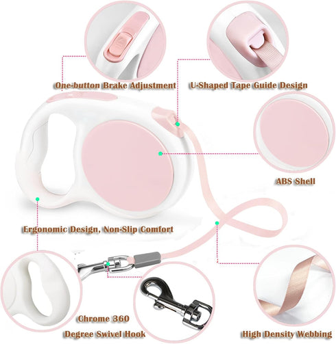 Pink Retractable Dog Leash, 10 ft for Small and Medium Dogs and Cats, One Button Brake, Pause, Lock by LFCXHTY