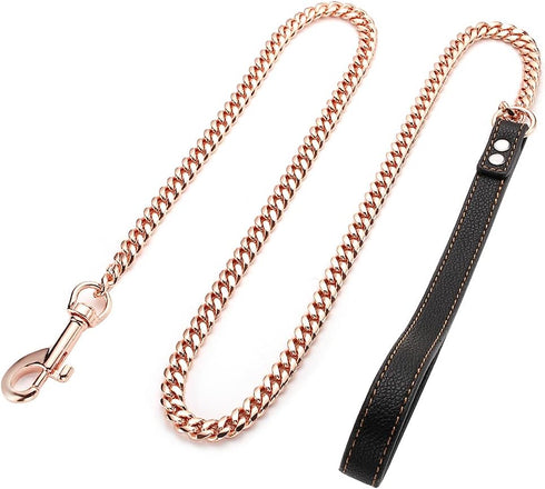 Rose Gold Heavy Duty Chain Dog Leash, 3FT/4FT/5FT Stainless Steel, Leather Handle, for Large Medium Small Dogs (10mm,