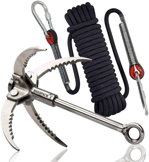 Multifunctional QUADPALM Grappling Hook with 10m Rope - Heavy Duty Stainless Steel Folding Claws for Climbing