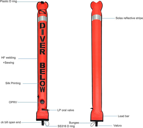 7in 4ft/5ft/6ft Luwint Surface Marker Buoy Width x Tall, Scuba Diving SMB Safety Sausage Signal Tube, Hi-Visibility