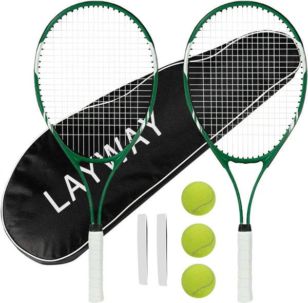 Tennis Rackets Set for 2 Players Recreational, Pre-Strung 27 Inch Light Adult Racquet Set with Tennis Balls