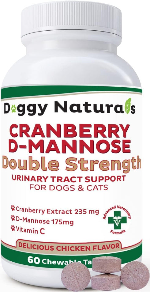 Cranberry D-Mannose for Dogs and Cats - Urinary Tract Infection Support, Double Strength Tablet, 60 Count