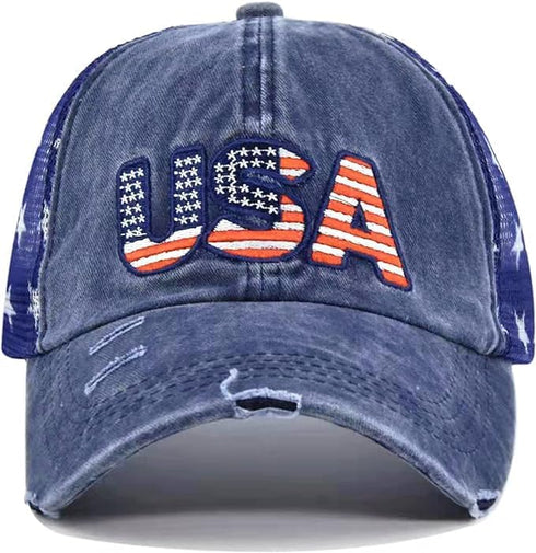 Patriotic-USA-Baseball-Caps Woman-Man-Washed-Worn-Out-Mesh-Sun-Hat for 4th July (Size M)