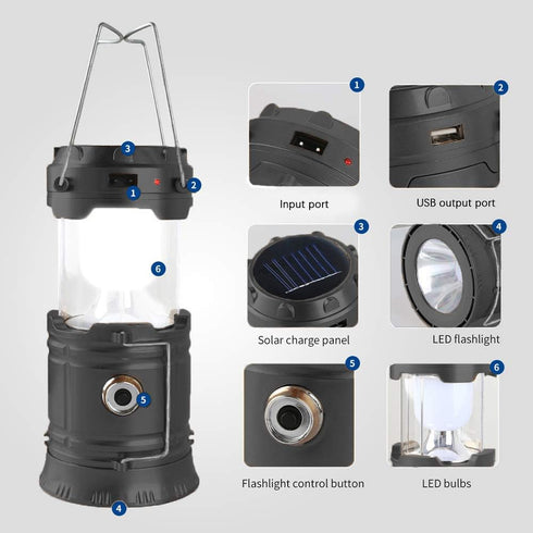 LED Camping Lantern, Solar and Rechargeable, Portable Light for Daily, Camp, Hiking, Emergency, Black