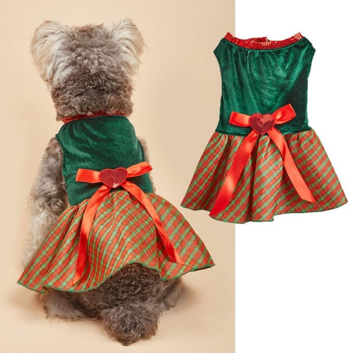 Tangpan Christmas Pet Plaid Skirt Dog Santa Dress Outfit (Green, L) for Puppy Party