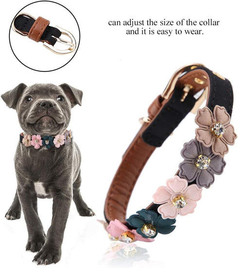 Stylish PU Leather Dog Collar with Flower Bow Tie, Decorative Collar for Medium to Large Dogs, Cute Design