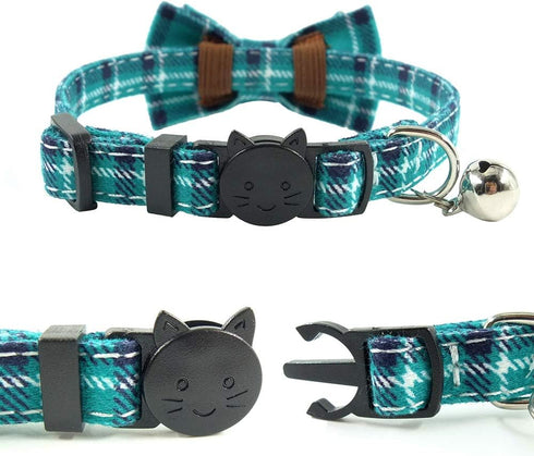 Cat Collar Breakaway with Bell and Bow Tie, Adjustable Plaid Design for Kittens, 6.8-10.8in, Cyan-Blue