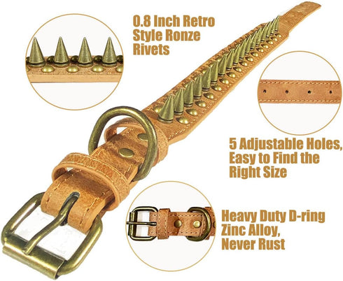 Spiked Studded Dog Collar Anti-bite PU Leather for Small Medium Large Dogs, Brown-Sharp Spikes (L)
