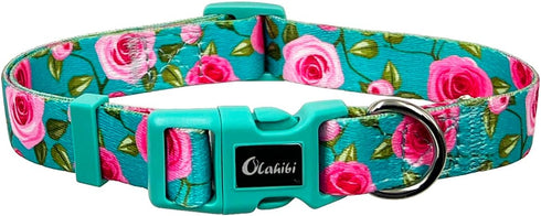 Dog Collar and Leash Set, Rose Pattern Polyester Material, 5ft Matching Leash for Small Dogs (S, Green Rose Set)