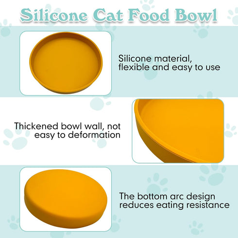 Silicone Cat Food Bowl Set: 2 Shallow 7in Wide Cat Plates for Kittens & Dogs, Non-Slip Round Yellow