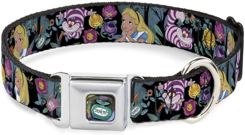 Buckle-Down Dog Collar Seatbelt Buckle, Alice Cheshire Cat Flowers, 1.5" Wide, Fits 18-32" Neck, Large