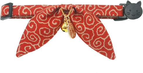 PetSoKoo Bunny Ears Cat Collar with Japan Lucky ‘???’ Charm, Red Safety Breakaway Bowtie Kitten Collar with Bell