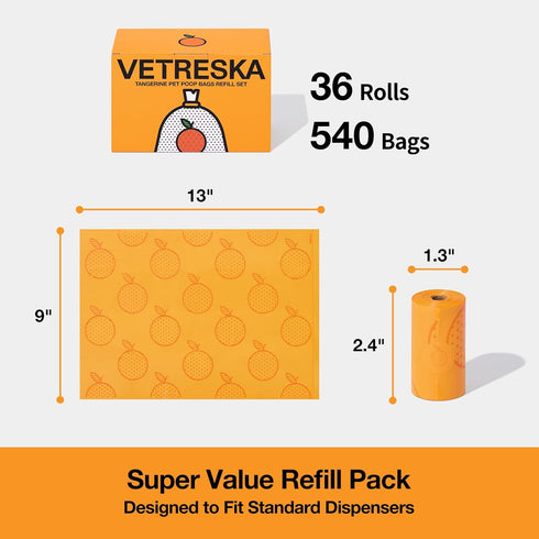 540 Count (36 VETRESKA Citrus Scented Dog Poop Bags, Leak Proof, Extra Thick and Large Pet Waste Bags for Dogs Walking