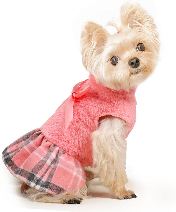 Dog Sweater for Small Dogs, Warm Fleece Dress for Fall, Plaid Pink Sweater for Chihuahua Yorkie Teacup Dogs