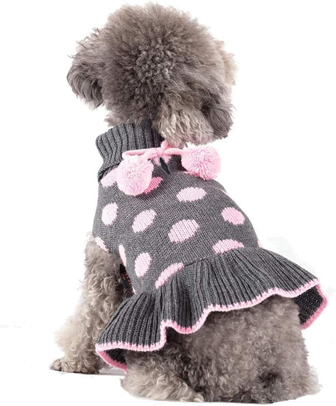 KYEESE Turtleneck Dog Sweater Dress for Small Dogs, Polka Dot Knit Pullover with Leash Hole, Warm Pet Sweater