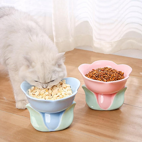 Flower Shape Ceramic Raised Cat Bowl, 8 OZ Pet Food and Water Bowl for Cats and Dogs - Blue - 1 PCS