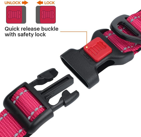 Taglory Reflective Dog Collar with Safety Locking Buckle, Adjustable Nylon Pet Collars for Large Dogs, Hot Pink, L