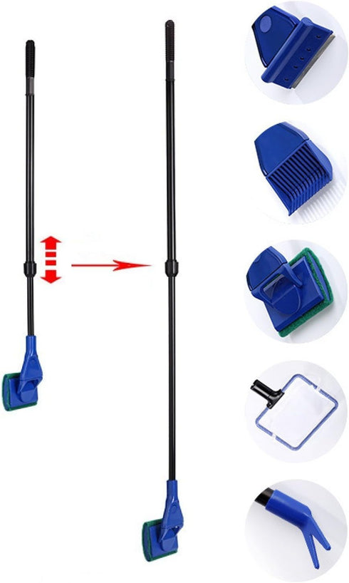 5 in 1 Aquarium/Fish Tank Cleaning Kit/Tool - Algae Scraper, Fish Net, Sponge, Plant Fork, Gravel Rake - Adjustable
