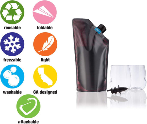 Vapur Collapsible Portable Wine Kit, Maroon, 25 Ounce Wine Carrier with 2 Shatterproof Glasses