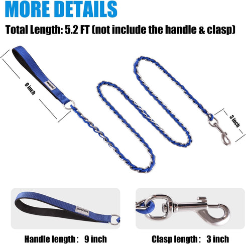 Chew Proof Metal Dog Leash - 4FT Blue Chain Link for Medium Large Dogs, Anti Chew with Soft Padded Handle