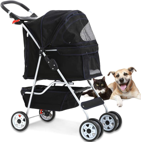 Dkeli 4 Wheel Pet Stroller Cat Dog Cage Stroller Travel Folding Carrier with
